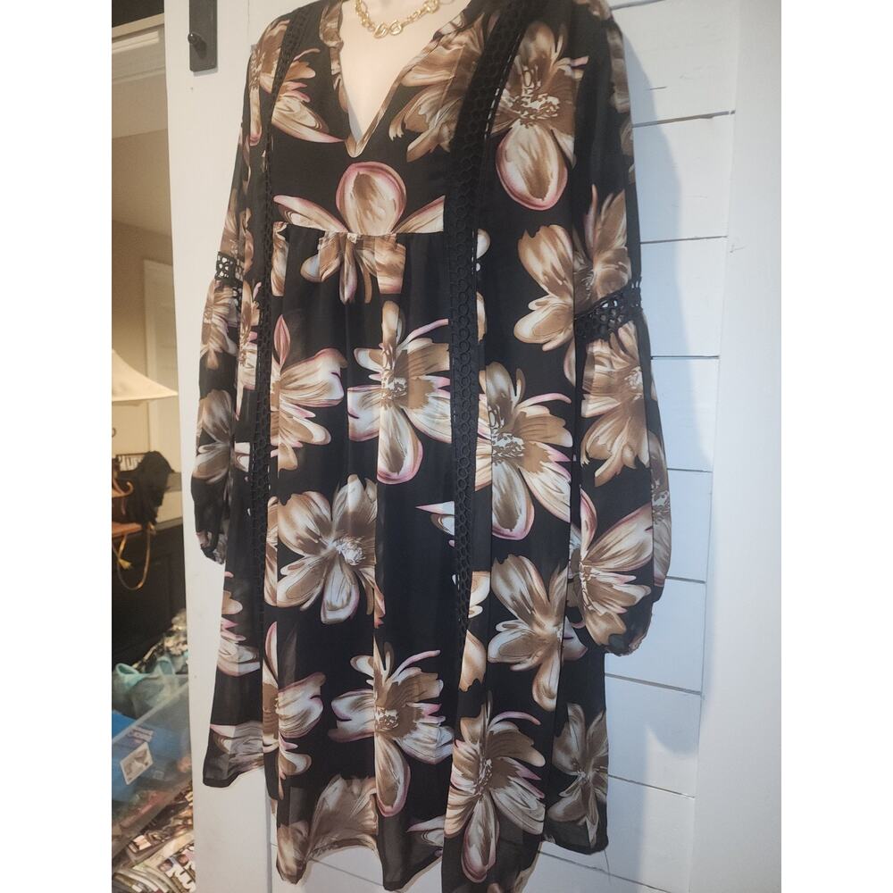 Entro Women's Black/Brown Floral Print Mini Dress Size Large Embroidered - Picture 9 of 16